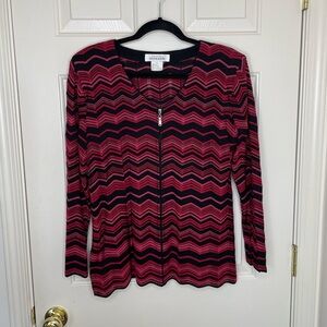 Exclusively Misook Red Black Chevron Zig Zag Knit Zip Up Jacket Cardigan Large